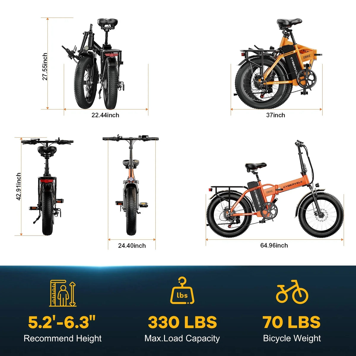 Cybervelo 1000W Folding Electric Bike, 48V 960WH Large Removable Battery E-Bike, 30+MPH, 80 Miles Max Range, 20" Fat Tire Electric Bike for Adults, Adult Electric Bicycles for Commute