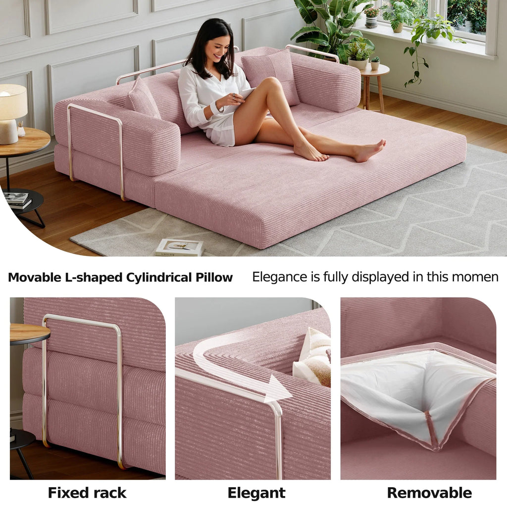 Convertible Sleeper Sofa Bed,Compressed Floor Boneless Couch,Modular Modern Corduroy Sofa for Living Room Bedroom -with Fixed-Shape Frame and Support Armrest,Easy Assembly(Green)