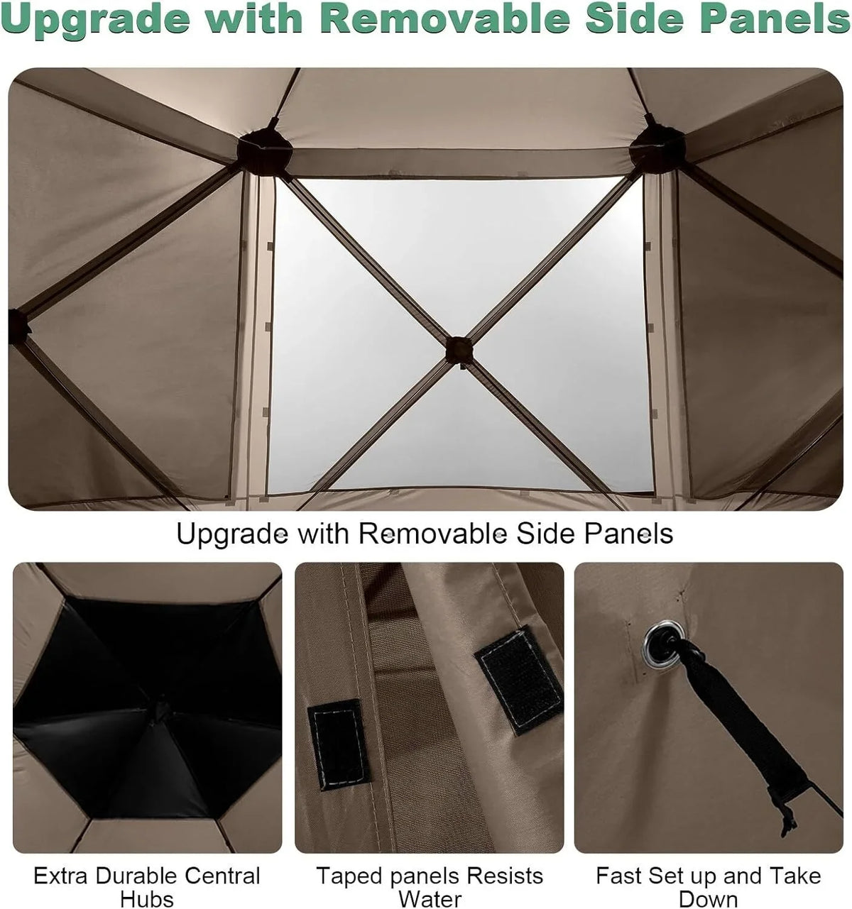 COBIZI 12x12 Pop Up Canopy Gazebo, Outdoor Canopy Tent Screen House with 5 sidewalls and Netting for Camping, Waterproof, UV Resistant, Ez Set-up Party Tent with Carrying Bag and Ground Stakes,Brown