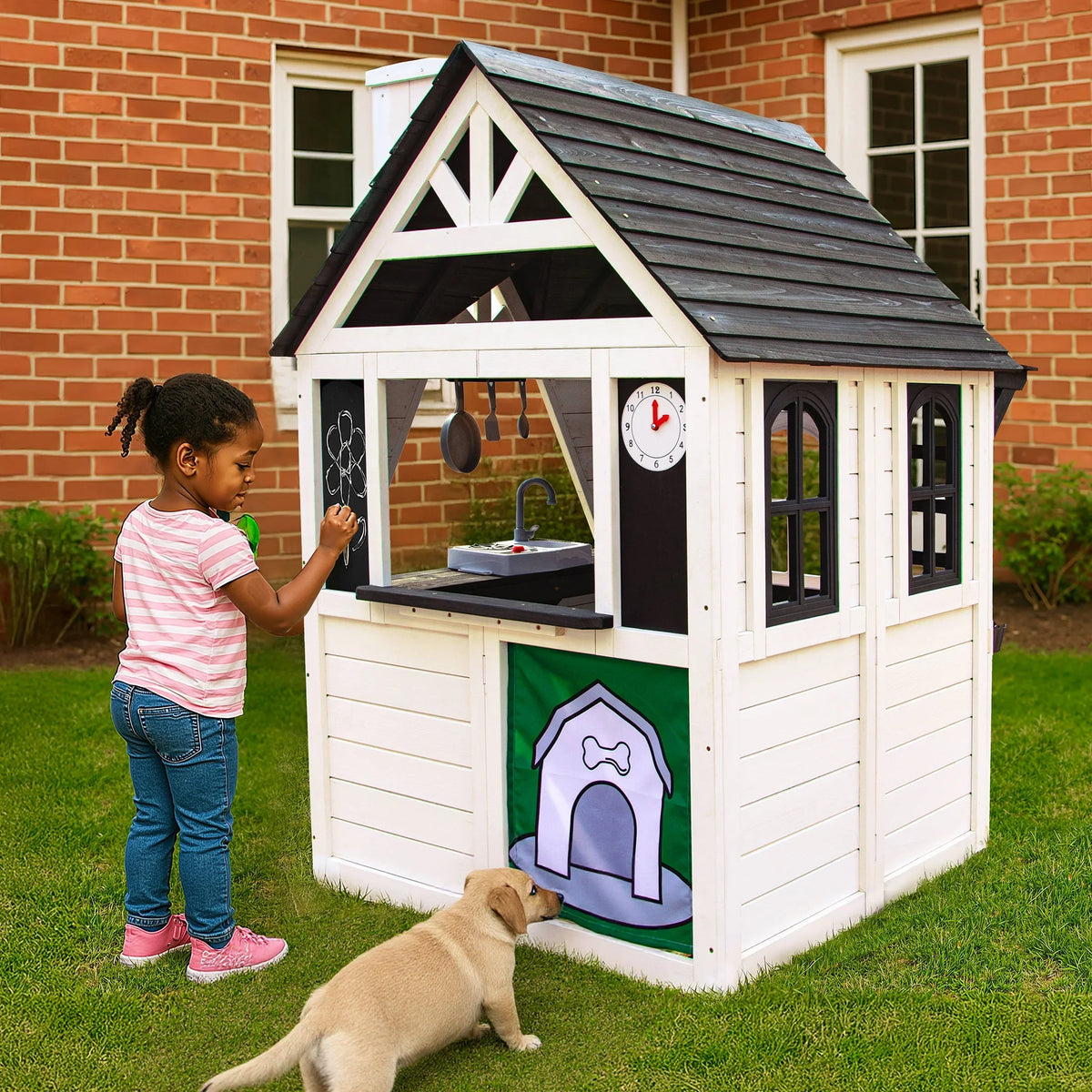 COCLUB Outdoor Playhouse for Kids Ages 4-8, Wooden Play House with Doorbell, Phone, Kitchen Toys, Outdoor Kids Play Equipment, Casa Para Niñas (45”L x 65”H), White & Black
