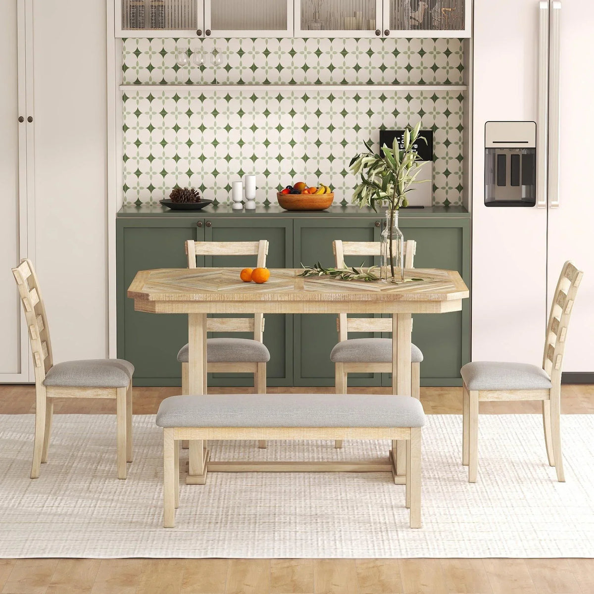 Bellemave 6-Piece Dining Table Set, Rubber Wood Rectangular Kitchen Table Set for 6, Farmhouse Dining Table Set with 4 Upholstered Chairs and Bench (Gray)