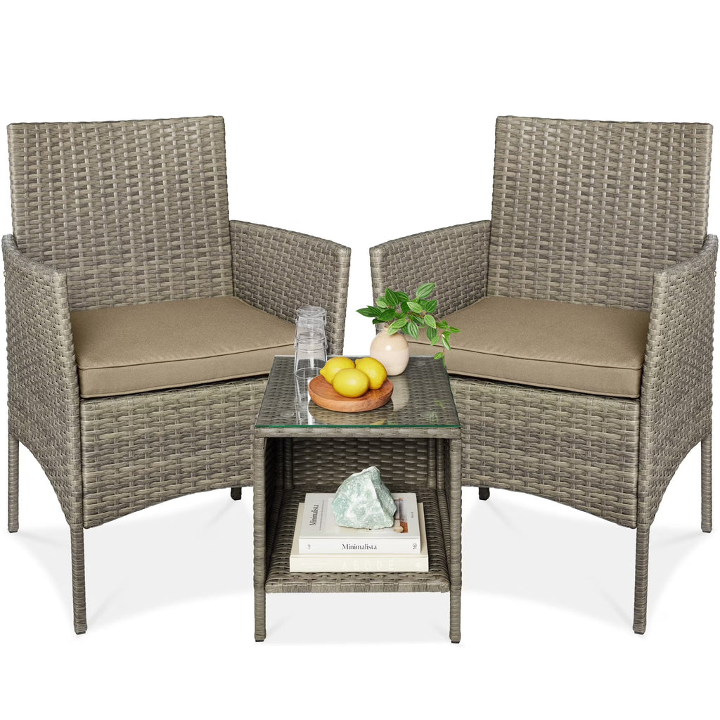 Best Choice Products 3-Piece Outdoor Wicker Conversation Patio Bistro Set, w/ 2 Chairs, Table - Gray/Navy