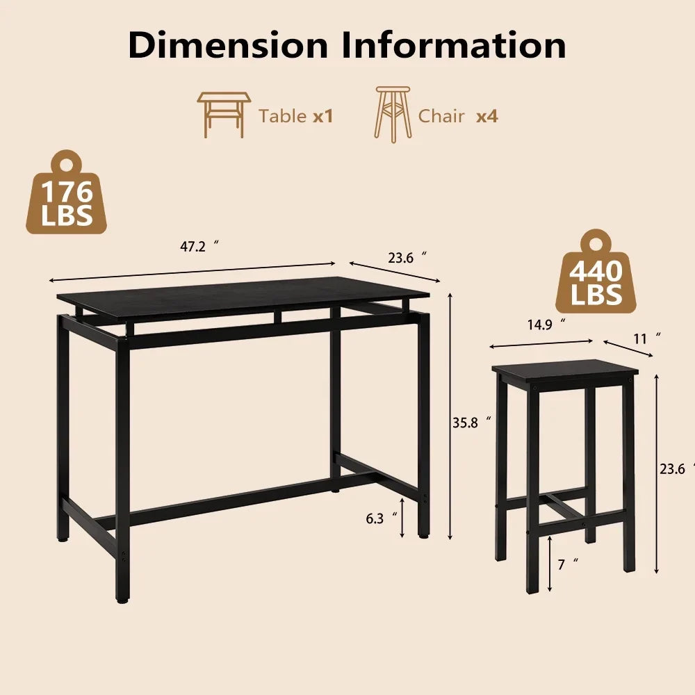 Counter Height Table Set of 5, Breakfast Bar Table and Stool Set, Minimalist Dining Table with Backless Stools, Wood Top Pub Table & Chair Set for Kitchen Apartment Bistro - Space Saving