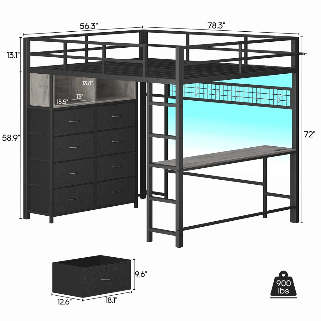 Afuhokles Twin Size Loft Bed with Desk and 8 Storage Drawers and Charging Station, Metal Loft Bed Twin with LED Lights, Storage Shelves, Black