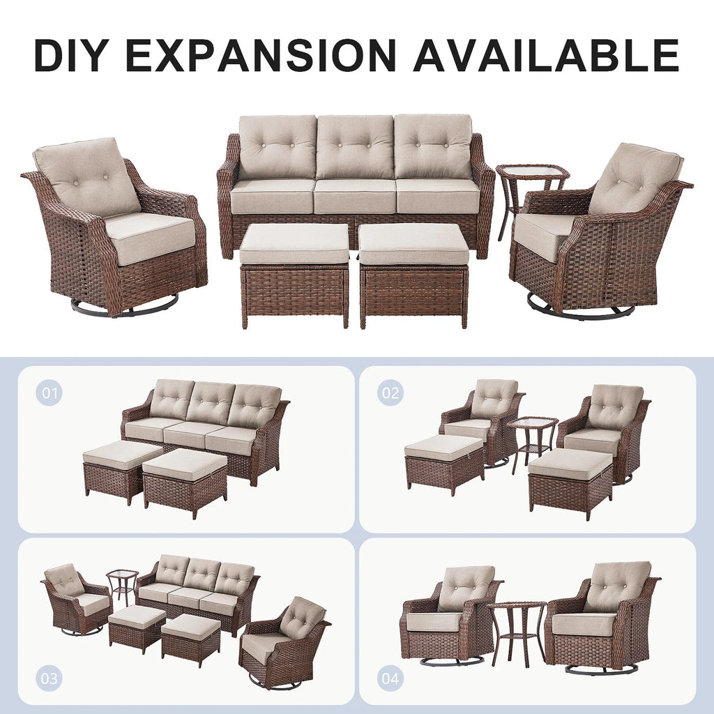 Bellefurn Outdoor Patio Furniture Set with Fire Pit and Swivel Rocker Chair,High-Back Wicker Outdoor Conversation Sets with 3 Seater Couch and Side Table Set for Porch,Deck,Garden