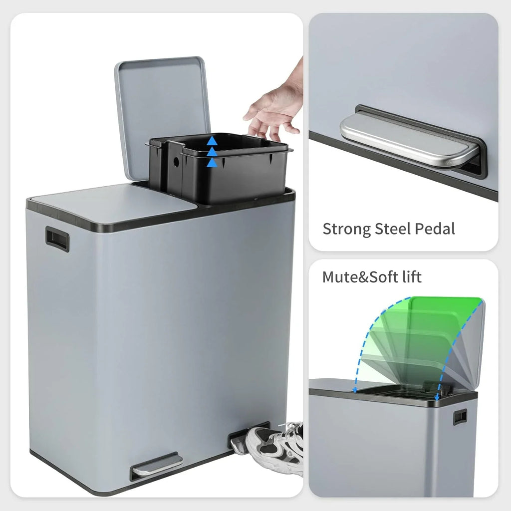 Arlopu 60 L/16 gal Dual Trash Can, Stainless Steel Garbage Can for Kitchen, Recycle Bin with Lid