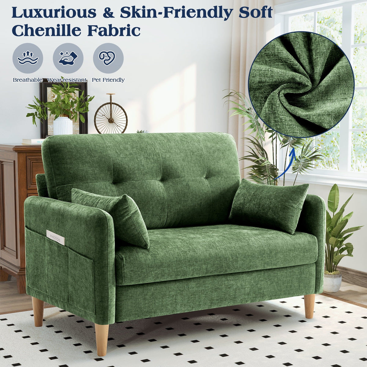BedLuxury 47'' Wide LoveSeat, 2-seat Chenille sofa with 2 Pillows for Living Room and Small Spaces, Dark Grey