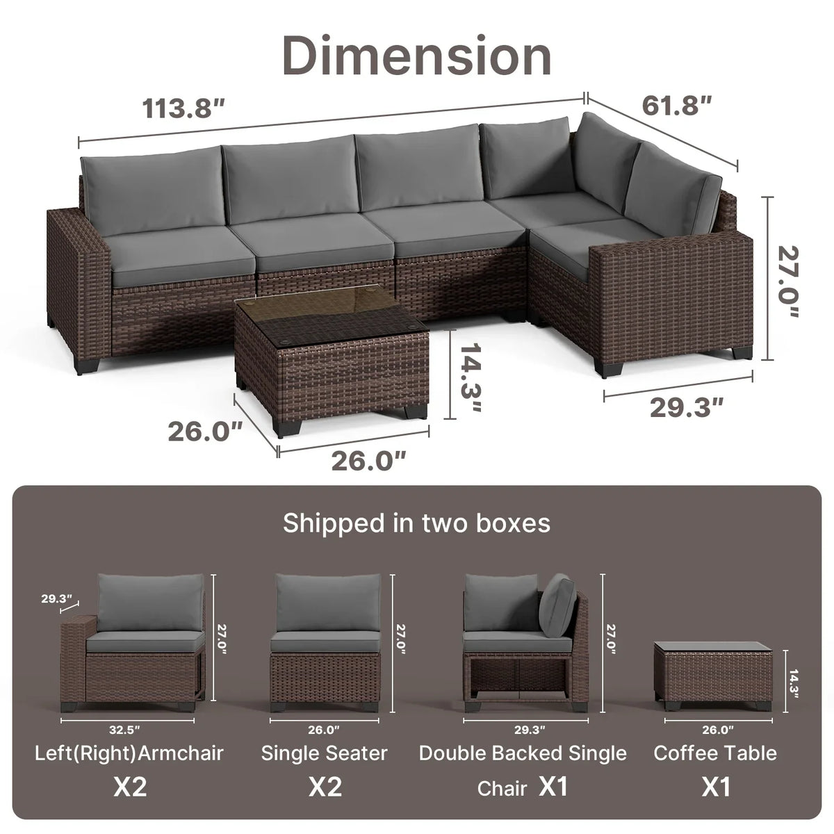 Aiho 7-Piece Rattan Patio Furniture Set , Outdoor Sectional Furniture Set for Patio, Garden, Backyard, Grey