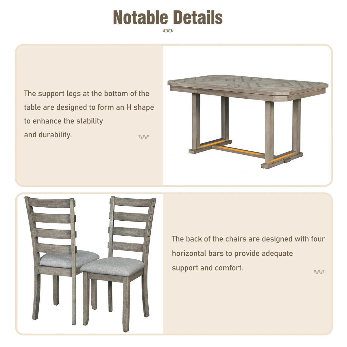 Bellemave 6-Piece Dining Table Set, Rubber Wood Rectangular Kitchen Table Set for 6, Farmhouse Dining Table Set with 4 Upholstered Chairs and Bench (Gray)