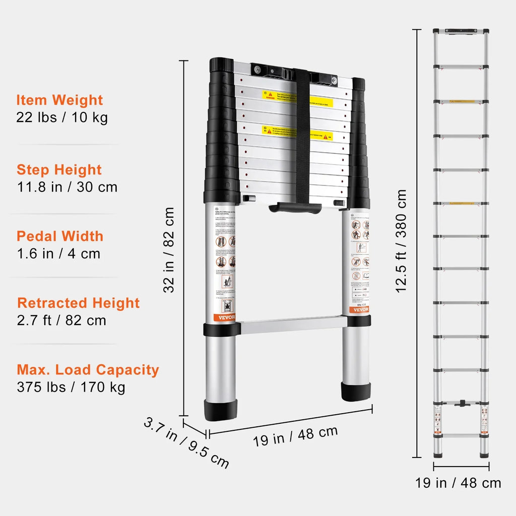 BENTISM 12.5 FT Telescoping Ladder, Aluminum Collapsible Ladder with One-Button Retraction,375 LB Capacity,ANSI Certified | Portable for Home, RV, Loft Use