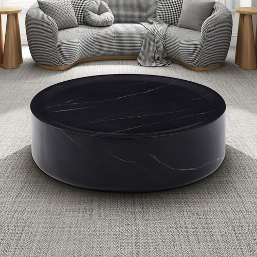 31.49'' Round Coffee Table with Marble Texture, Modern Low Drum Circle Fiberglass Coffee Table, Side Table Accent Table for Living Room, Outdoor, No Need Assembly, Marble