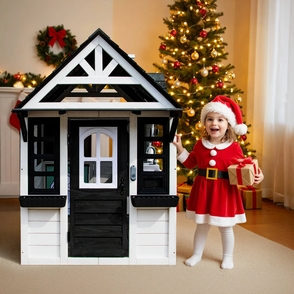 COCLUB Outdoor Playhouse for Kids Ages 4-8, Wooden Play House with Doorbell, Phone, Kitchen Toys, Outdoor Kids Play Equipment, Casa Para Niñas (45”L x 65”H), White & Black
