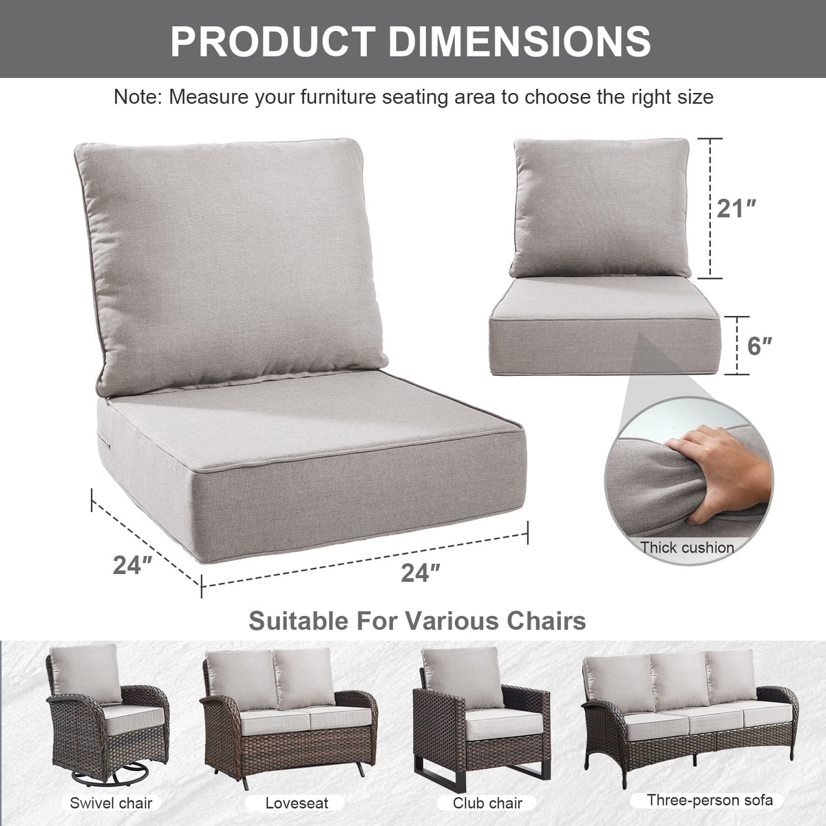 Bellefurn Outdoor Deep Seat Cushion 24 X 24 X 6 inch for Patio Furniture,Outdoor Chair Cushions Waterproof & Fade Resistant Patio Furniture Cushions for Wicker Chair, Sofa, Couch