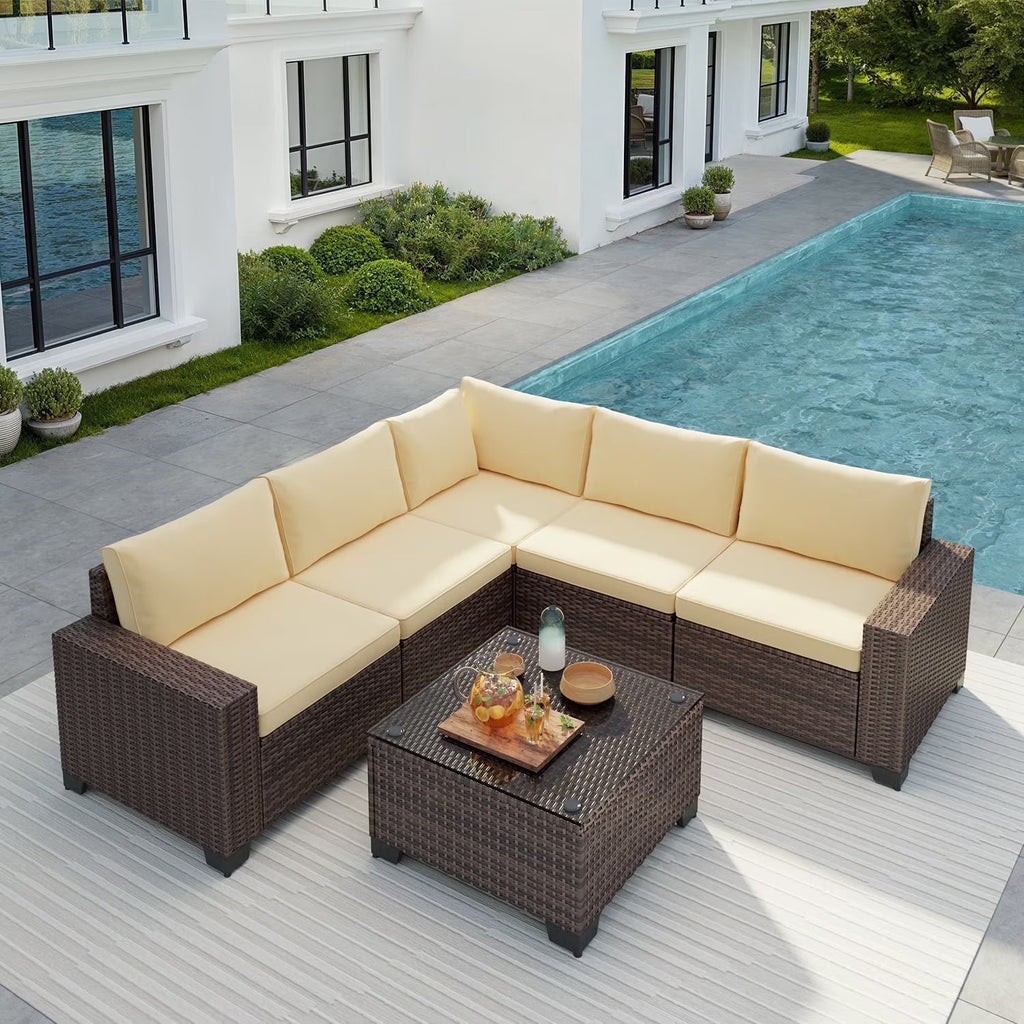 Aiho 7-Piece Rattan Patio Furniture Set , Outdoor Sectional Furniture Set for Patio, Garden, Backyard, Grey
