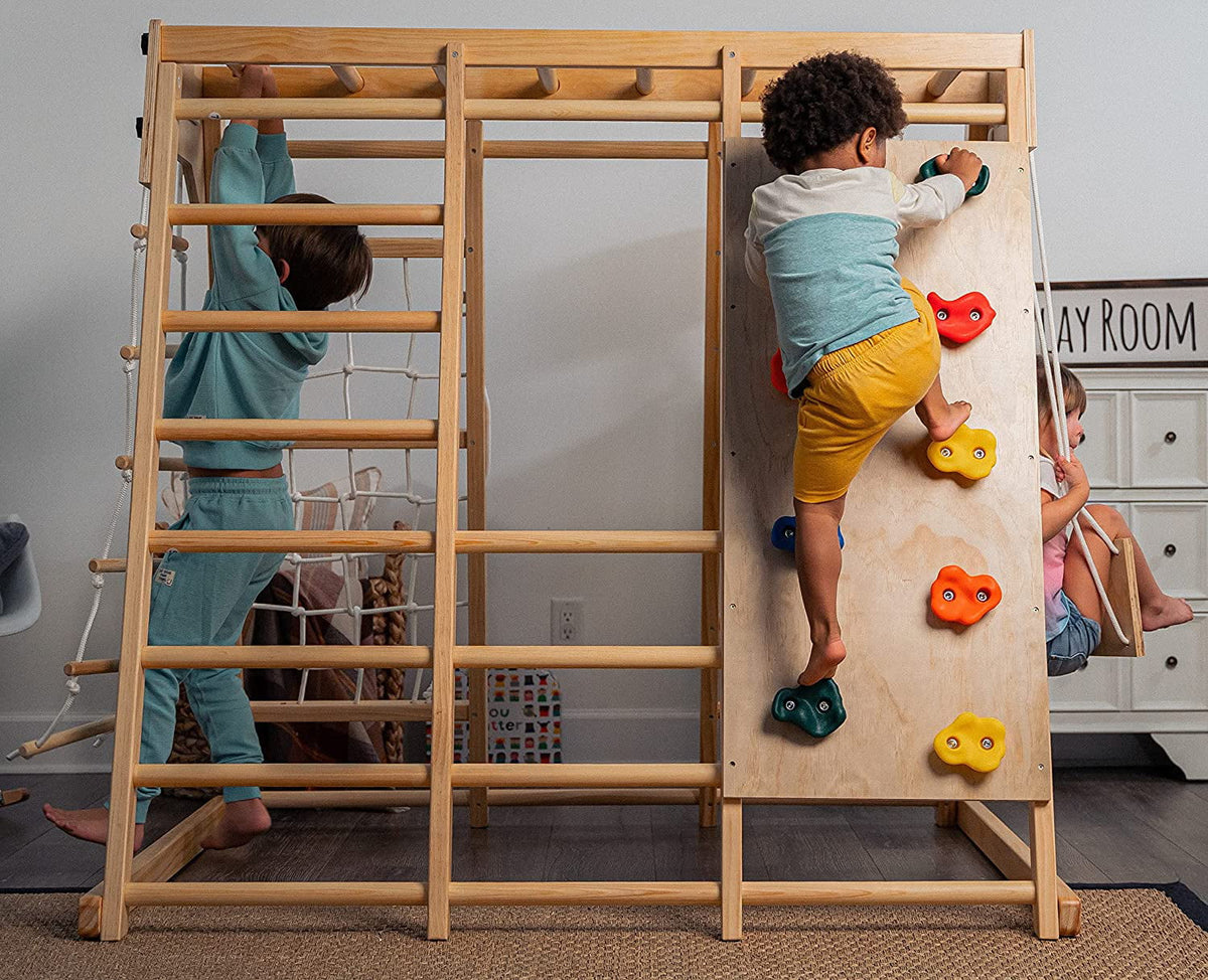Avenlur Indoor Toddler and Child Indoor Gym Playground Climber - Real Wooden Playset 6-in-1 Slide, Rock Climb Wall, Rope Wall Climbing, Monkey Bars, Swing, Ladder Fun Gym for Children