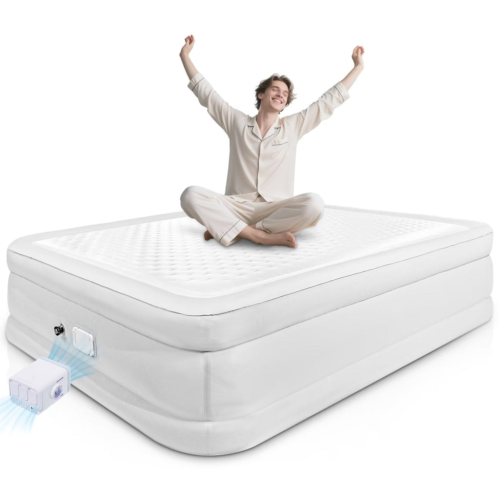 Air Mattress Queen with Built in Pump,Blow Up Mattress with Fiber-Tech, Inflatable Camping Bed, 3-Min Self Inflating with Carrying Bag (18��White Grey)