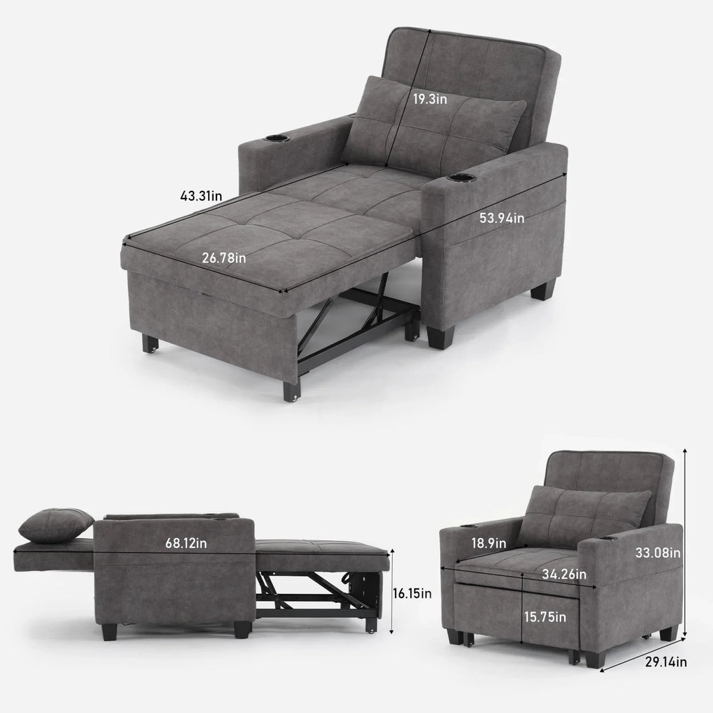 Convertible Futon Sofa Bed, 3-in-1 Multi-Functional Sleeper Chair Bed with USB Ports, Adjustable Backrest Recliner,for Living Room Bedroom Small Space, Tech Cloth, Dark Grey