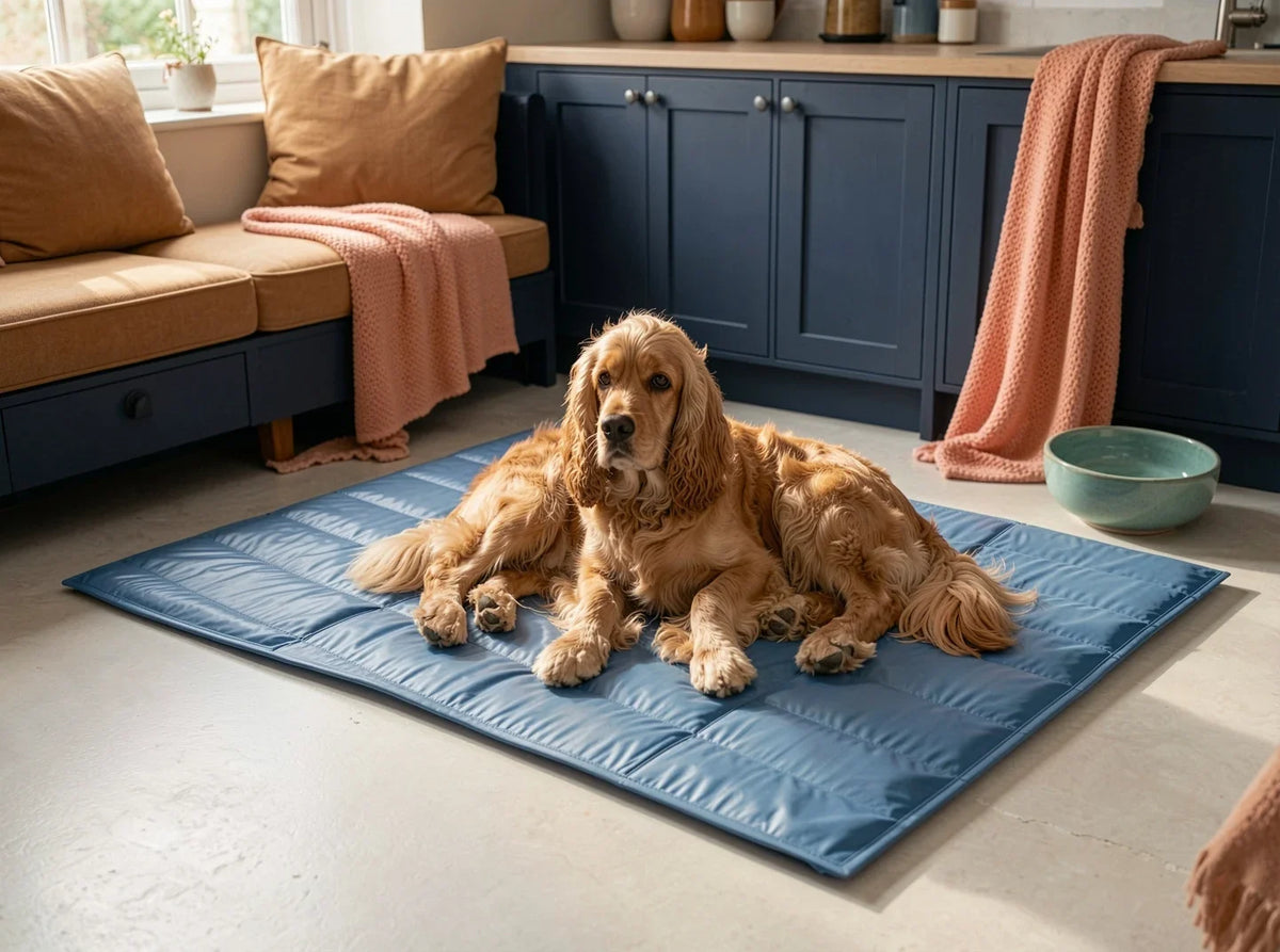 Cooling gel mat placed inside a pet crate