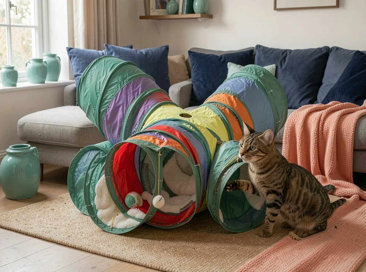 Cat play tunnel shown with its dangling toy ball