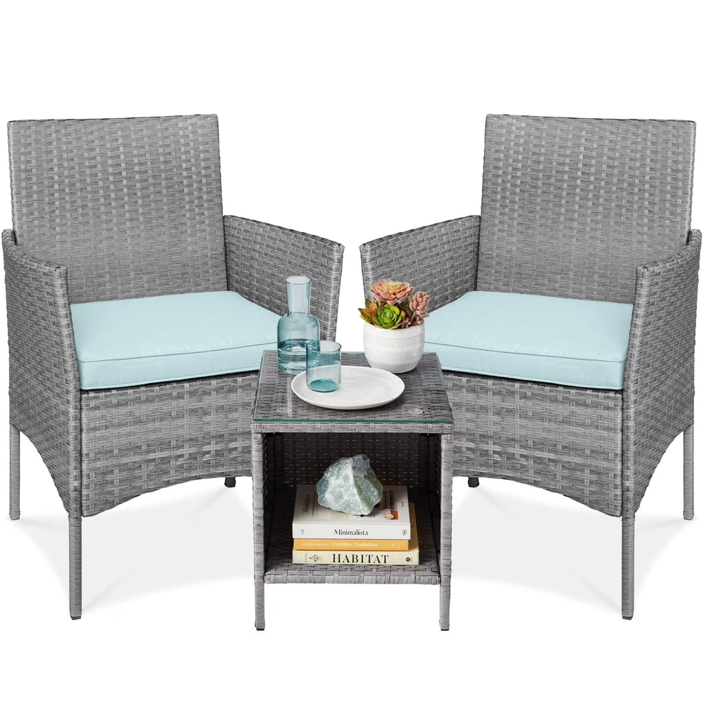 Best Choice Products 3-Piece Outdoor Wicker Conversation Patio Bistro Set, w/ 2 Chairs, Table - Gray/Navy