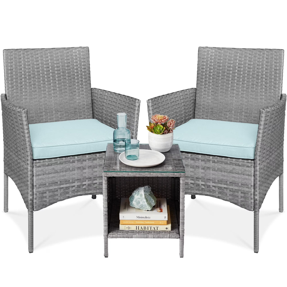 Best Choice Products 3-Piece Outdoor Wicker Conversation Patio Bistro Set, w/ 2 Chairs, Table - Gray/Navy