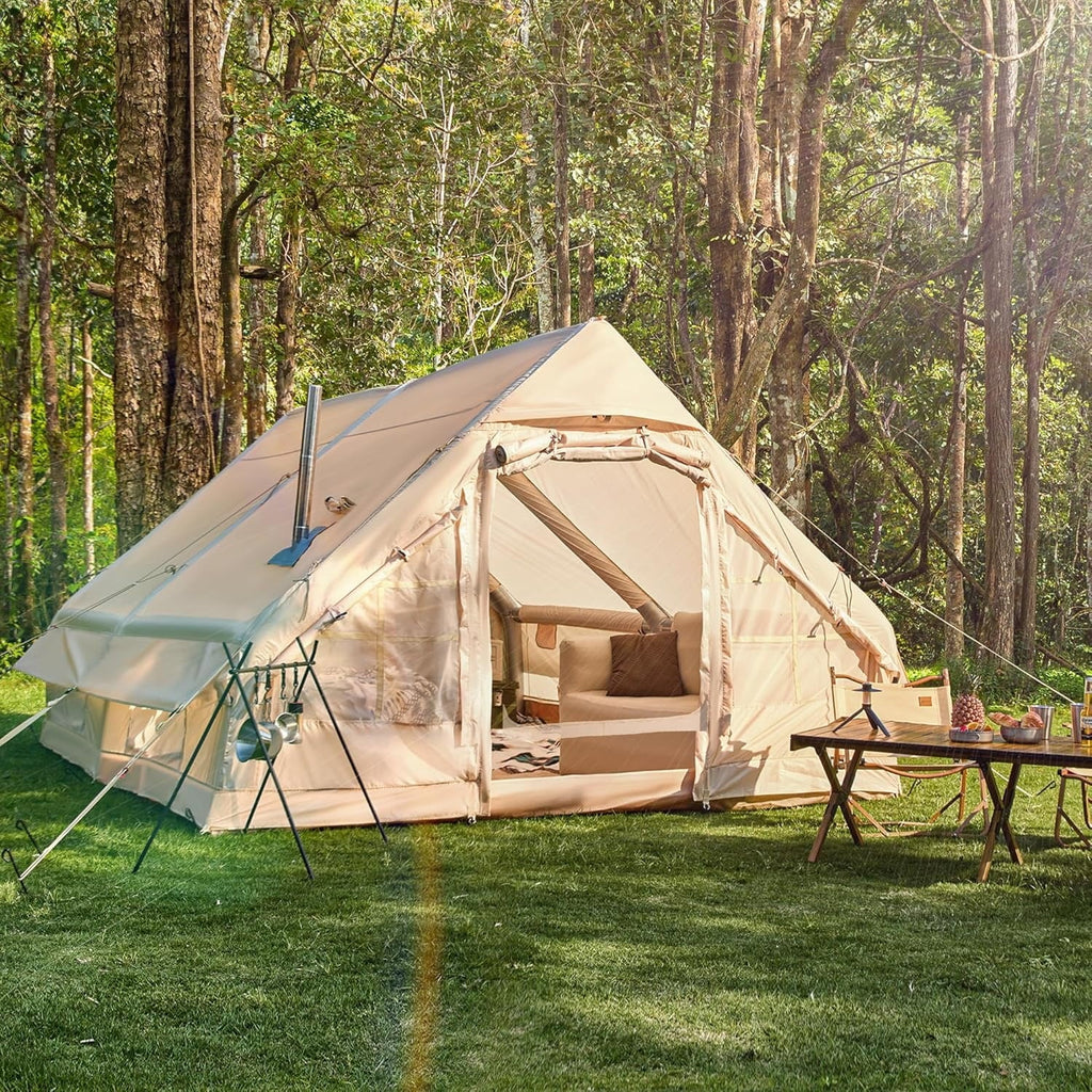 9.8' x 7' Inflatable Camping Tent,4 Season Blow up Tents for Camping, 4-6 Person Inflatable Tent with Stove Jack,Air Tents,Glamping Tent,Waterproof Luxury House with Mesh Window