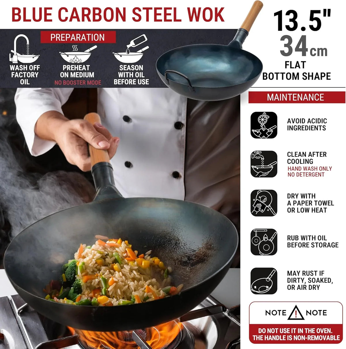 YOSUKATA 13.5" Carbon Steel Wok Pan �C Pre-Seasoned Flat Bottom Wok for Stir Fry, BBQ & Camping �C Works with Induction, Gas, Electric & Open Fire