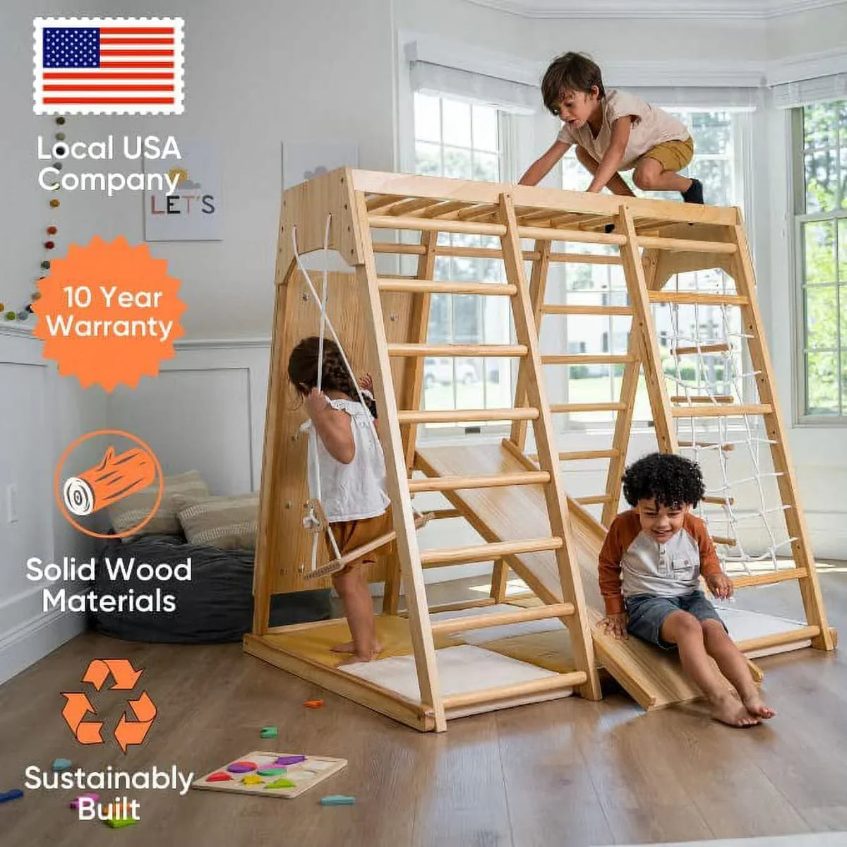 Avenlur Indoor Toddler and Child Indoor Gym Playground Climber - Real Wooden Playset 6-in-1 Slide, Rock Climb Wall, Rope Wall Climbing, Monkey Bars, Swing, Ladder Fun Gym for Children