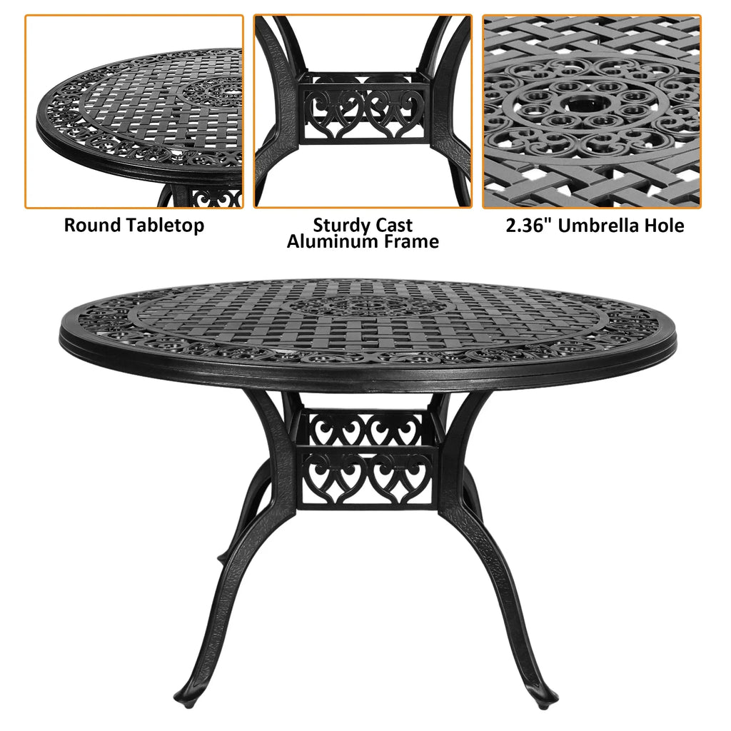 48 Inch Outdoor Dining Table Round Patio Bistro Table Powder-Coated Cast Aluminum Frame Patio Dining Table Garden Table with Umbrella Hole (Black)
