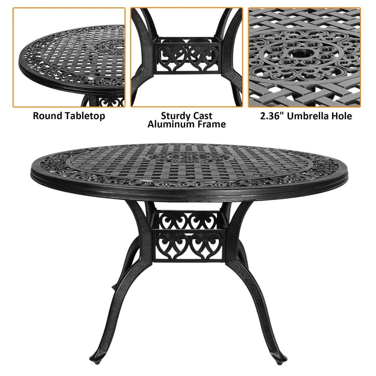 48 Inch Outdoor Dining Table Round Patio Bistro Table Powder-Coated Cast Aluminum Frame Patio Dining Table Garden Table with Umbrella Hole (Black)