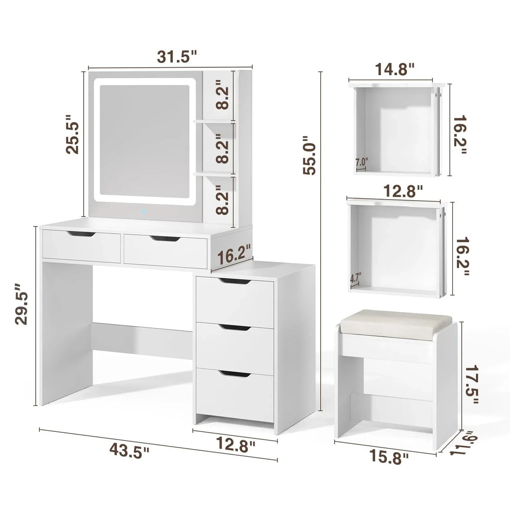 Bedroom Furniture Set - Includes Queen Bed Frame, Nightstands Set of 2, 5-Drawer Dresser & Vanity Desk - Modern Storage Solution for Stylish Home Decor, Beige/White