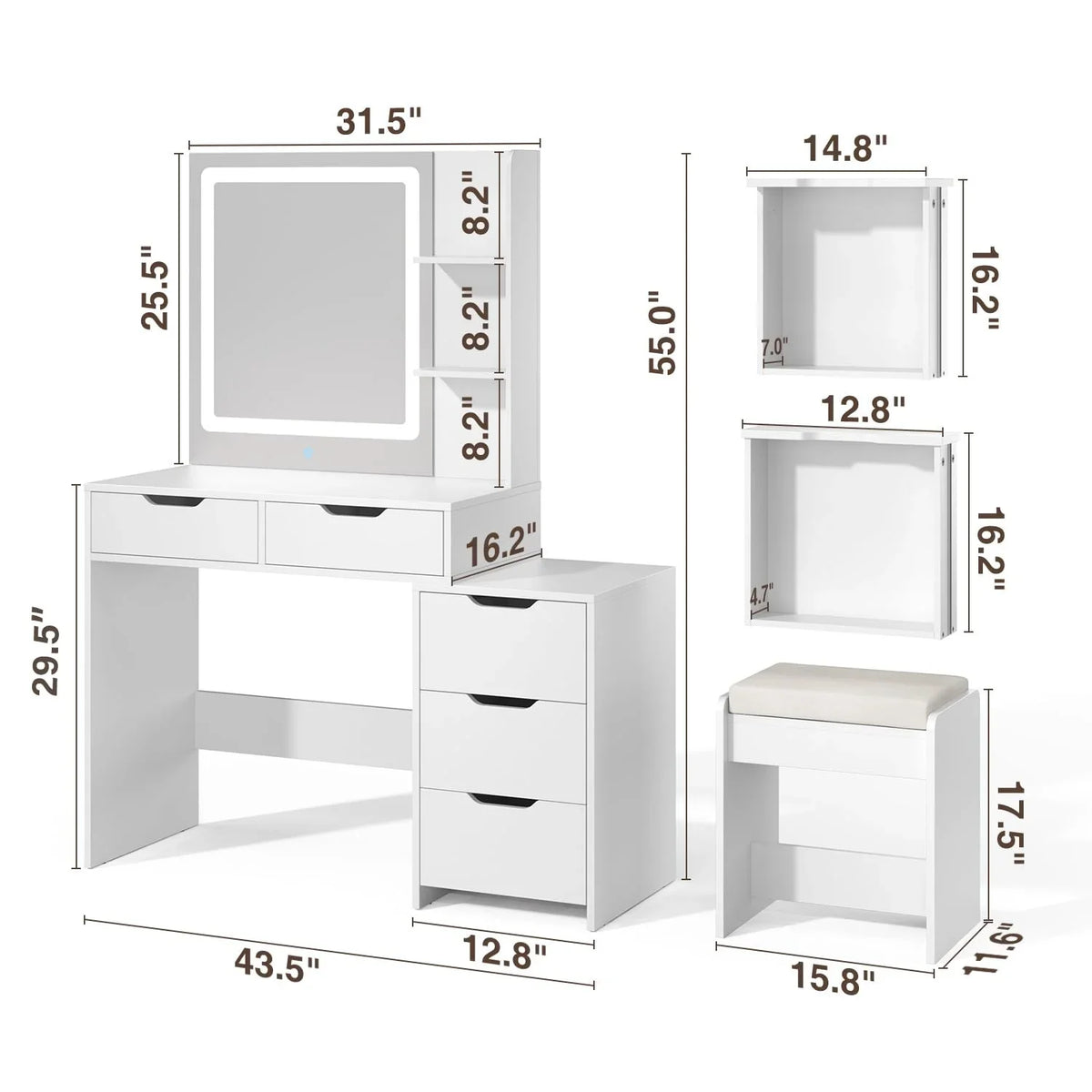 Bedroom Furniture Set - Includes Queen Bed Frame, Nightstands Set of 2, 5-Drawer Dresser & Vanity Desk - Modern Storage Solution for Stylish Home Decor, Beige/White