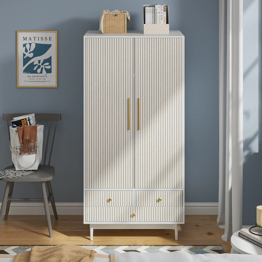 Armoire Wardrobe Closet, Closet Wardrobe Cabinet with Drawers and Hanging Rail for Bedroom, White