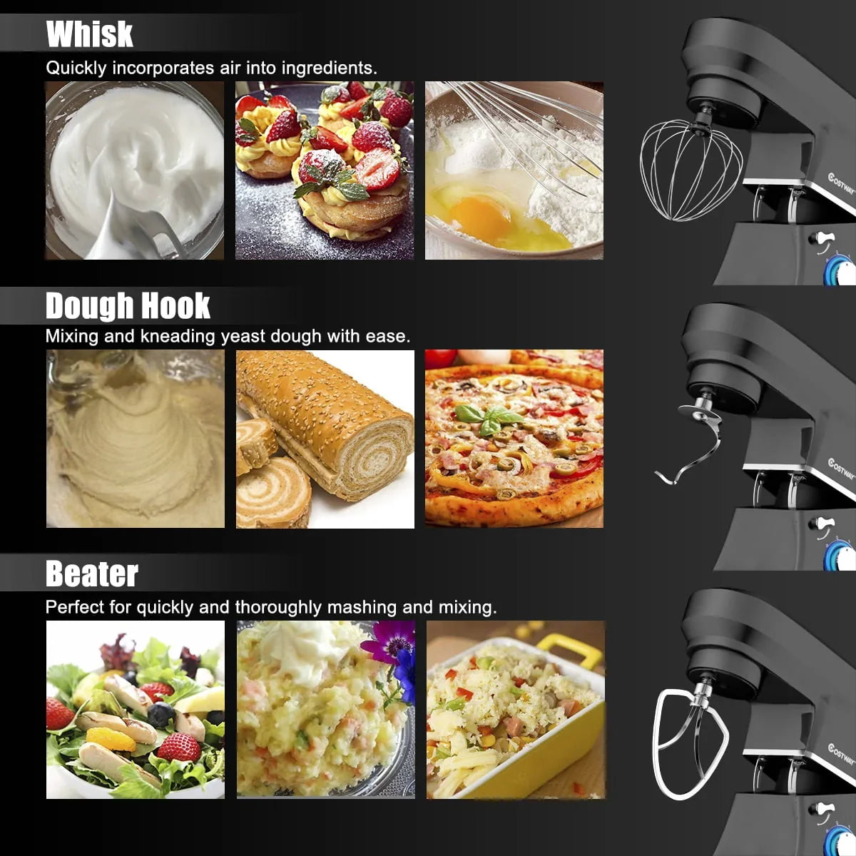 Costway Tilt-Head Stand Mixer 7.5 Qt 6 Speed 660W with Dough Hook, Whisk & Beater Black