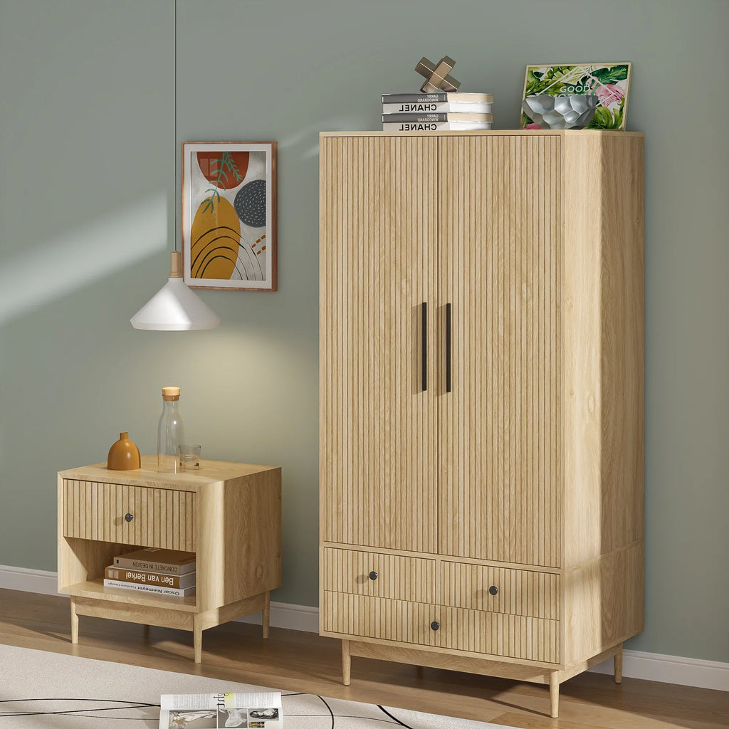 Armoire Wardrobe Closet with 2 Doors, Wardrobe Cabinet with Hanging Rod and Drawers, Wooden Closet for Bedroom, White