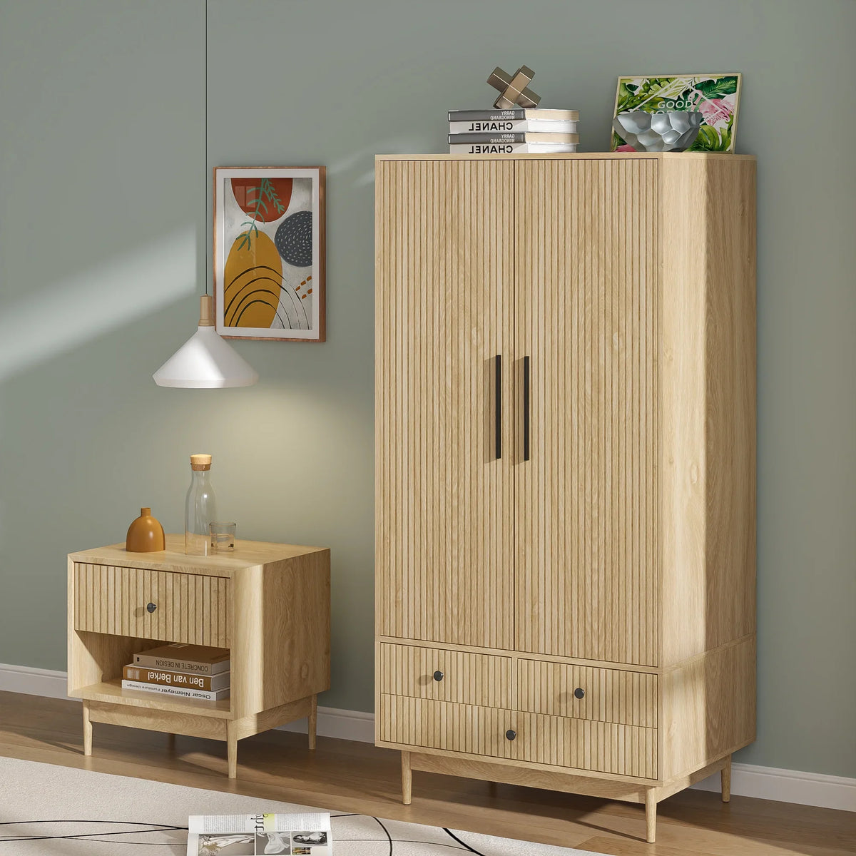 Armoire Wardrobe Closet with 2 Doors, Wardrobe Cabinet with Hanging Rod and Drawers, Wooden Closet for Bedroom, White