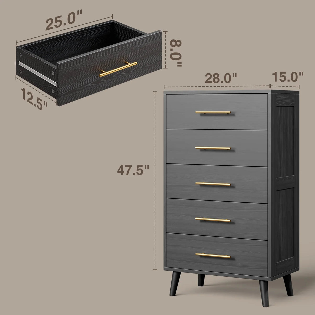 Bedroom Furniture Set - Includes Queen Bed Frame, Nightstands Set of 2, 5-Drawer Dresser & Double Wide 6-Drawer Dresser - Modern Storage Solution for Stylish Home Decor, Black