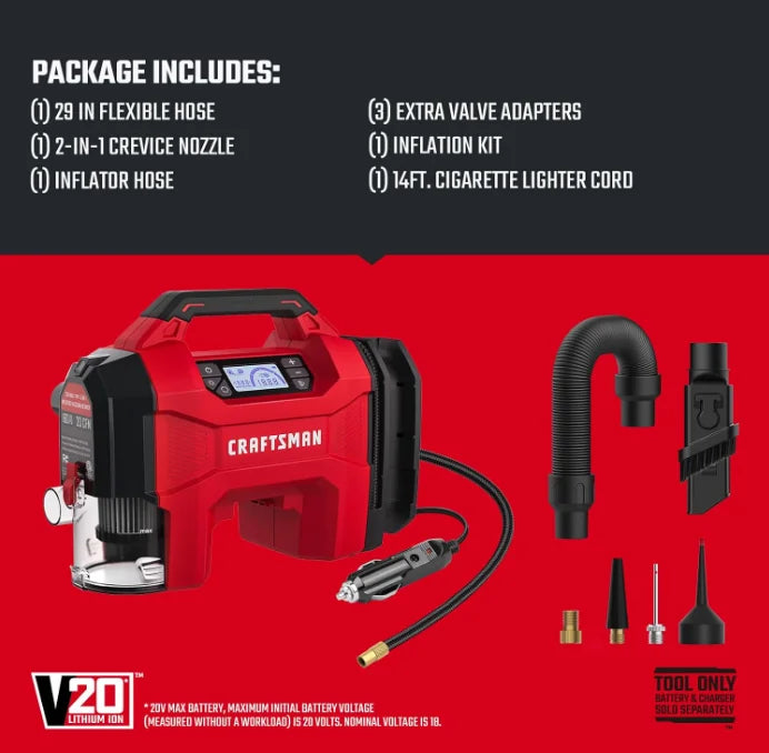 CRAFTSMAN 3-in-1 Tire Inflator, 160PSI Portable Air Compressor/Car Vacuum/Dust Blower, 20V Cordless & 12V Car Power, Air Pump with LED Light for Cars Trucks RV Tires (Battery Sold Separately)