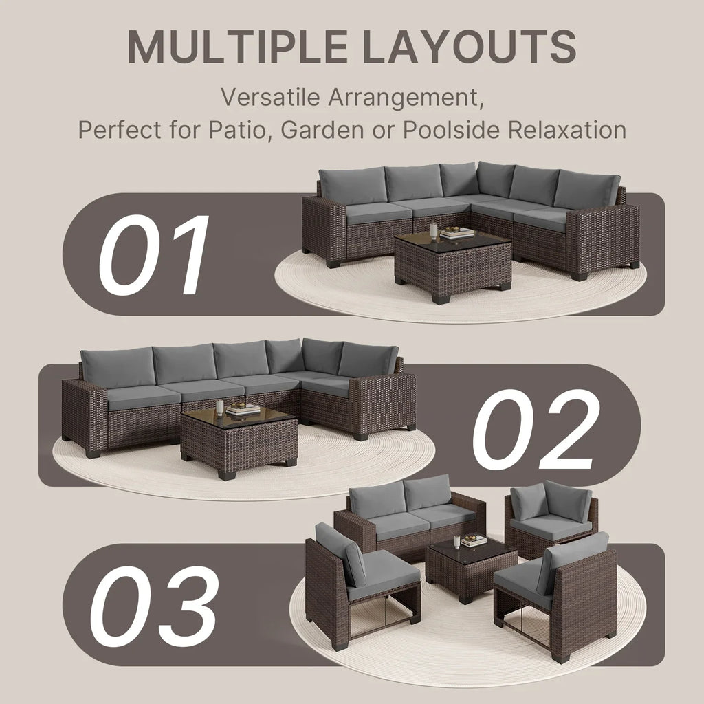 Aiho 7-Piece Rattan Patio Furniture Set , Outdoor Sectional Furniture Set for Patio, Garden, Backyard, Grey