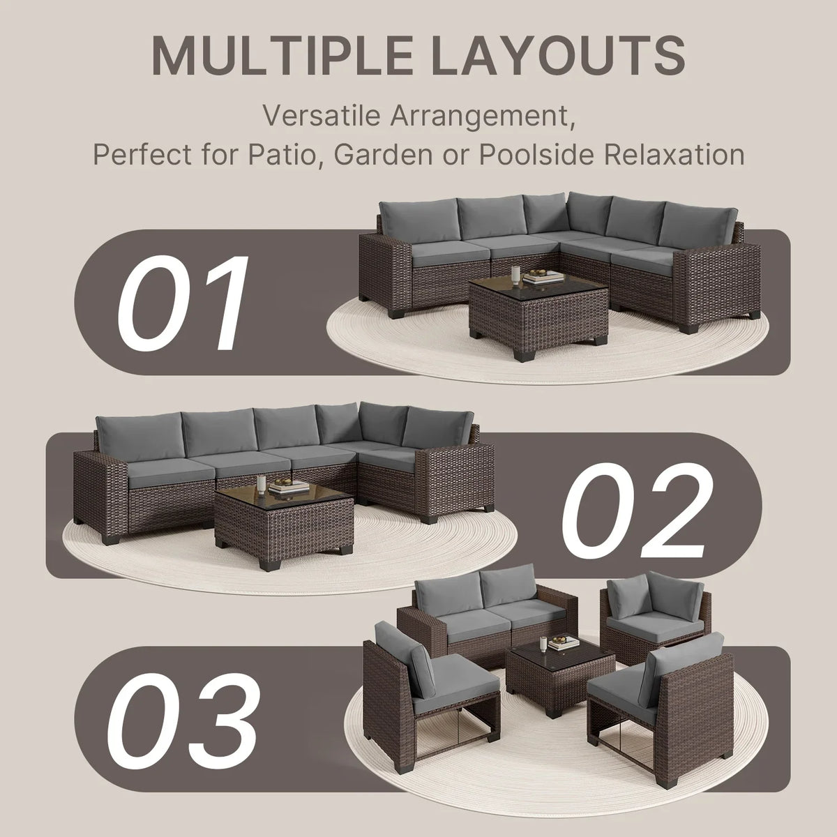 Aiho 7-Piece Rattan Patio Furniture Set , Outdoor Sectional Furniture Set for Patio, Garden, Backyard, Grey