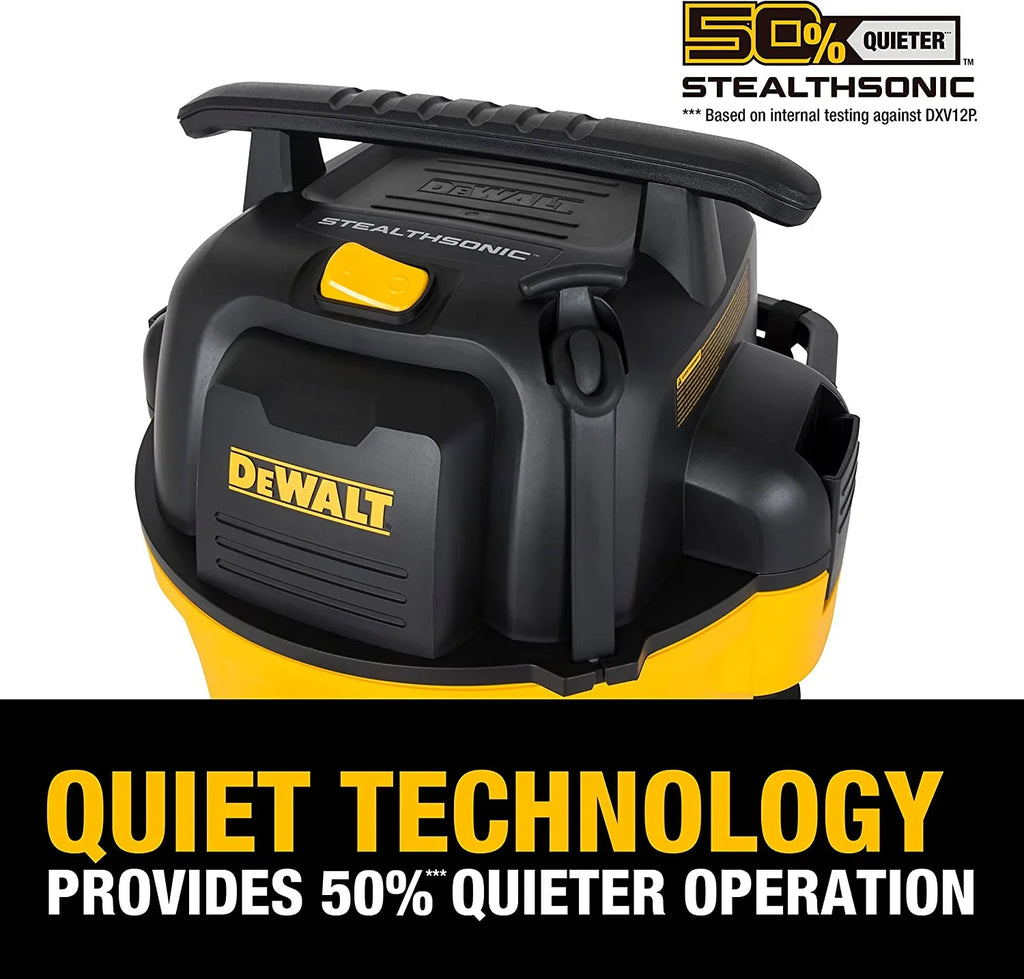 DEWALT 12 Gallon STEALTHSONIC Ultra Quiet Poly Wet Dry Vacuum, DXV12P-QTA Newest Noise Reduction Vac, 5.5 Peak HP Shop Vacuum for Jobsite/Workshop, Reduce Motor Noise, Yellow