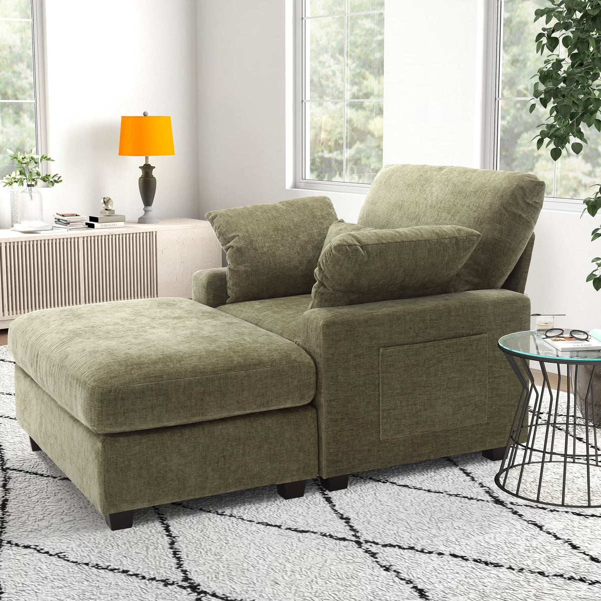 BedLuxury Oversized Accent Chair with Ottoman for Living Room,  Single Sleeper Sofa Armchair with 3 Pillows, Lounge Sofa Bed, Green