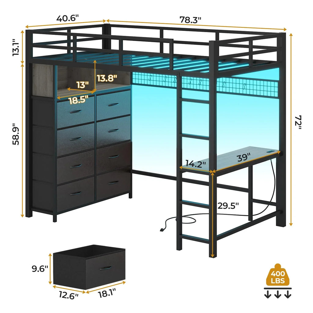Afuhokles Twin Size Loft Bed with Desk and 8 Storage Drawers and Charging Station, Metal Loft Bed Twin with LED Lights, Storage Shelves, Black