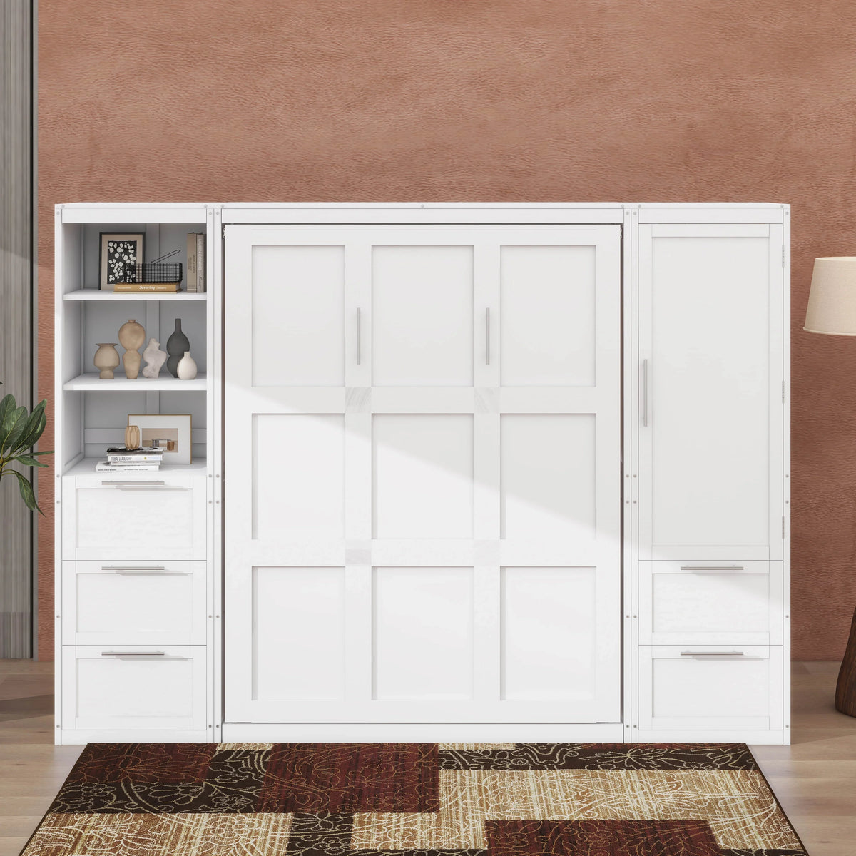 YunNianYang Queen Size Gray Murphy Bed Wall Bed with Closet ,Drawers and Shelves