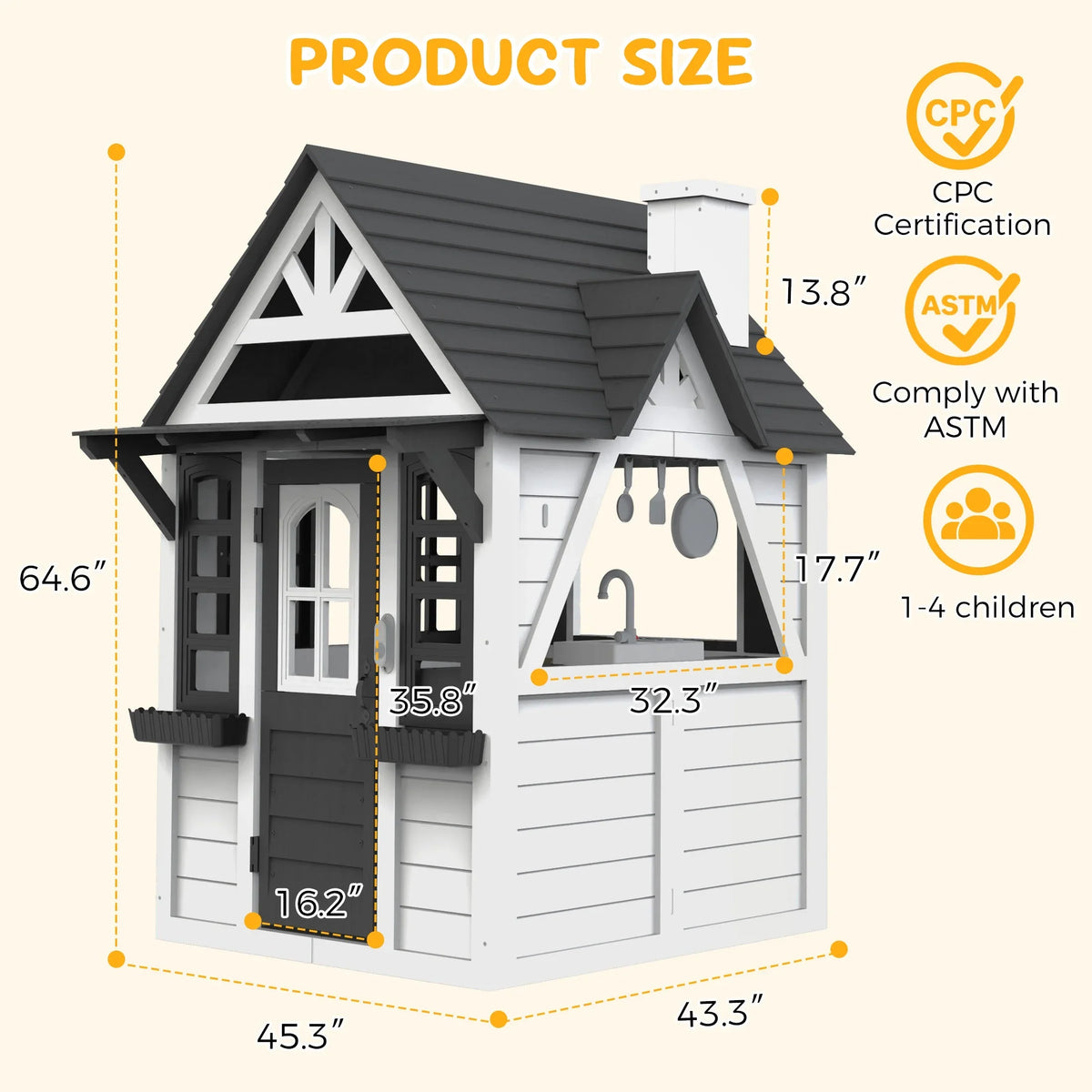 COCLUB Outdoor Playhouse for Kids Ages 4-8, Wooden Play House with Doorbell, Phone, Kitchen Toys, Outdoor Kids Play Equipment, Casa Para Niñas (45”L x 65”H), White & Black