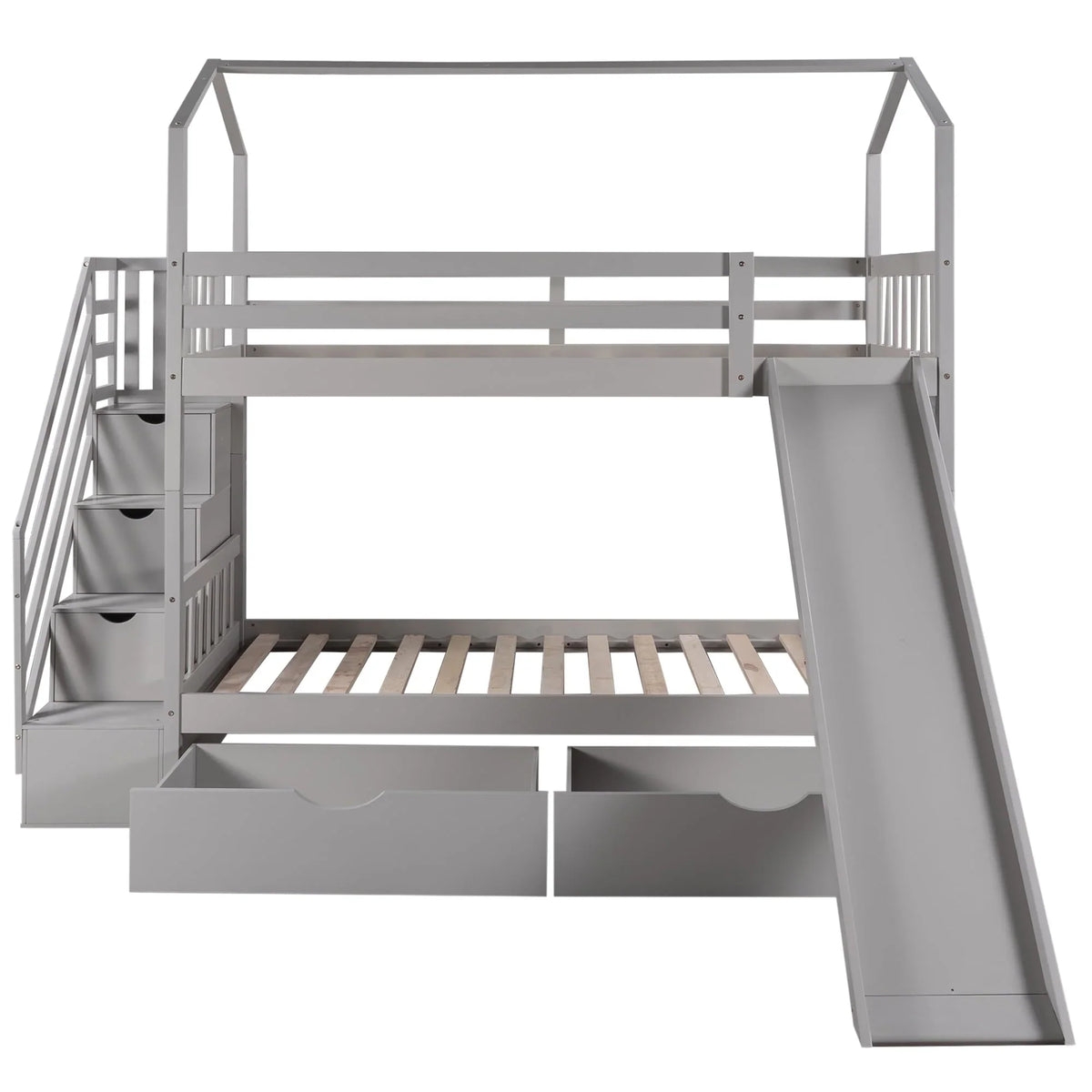 Bellemave Twin Over Twin House Bunk Bed with Slide and Stairs,Wooden Bunk Bed with Storage Drawers,Playhouse Bed for Kids,Teens(Gray)