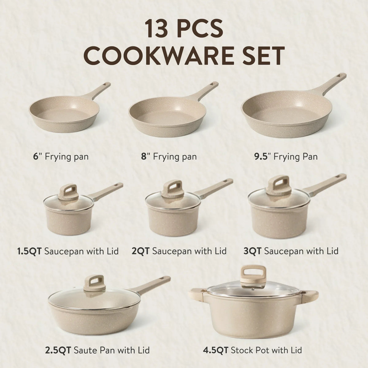Carote 13 Pcs Nonstick Cookware Sets, Non Stick Pots and Pans Set, Induction Cookware, Taupe