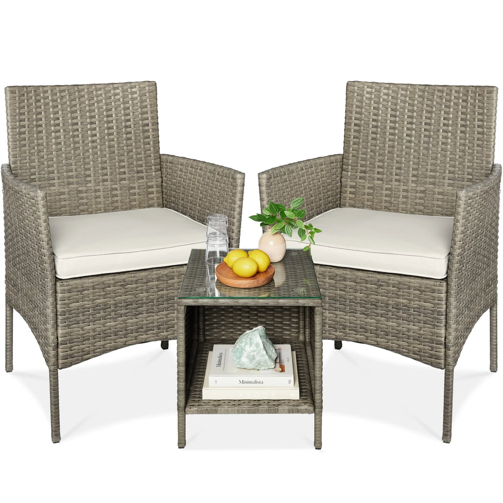 Best Choice Products 3-Piece Outdoor Wicker Conversation Patio Bistro Set, w/ 2 Chairs, Table - Gray/Navy