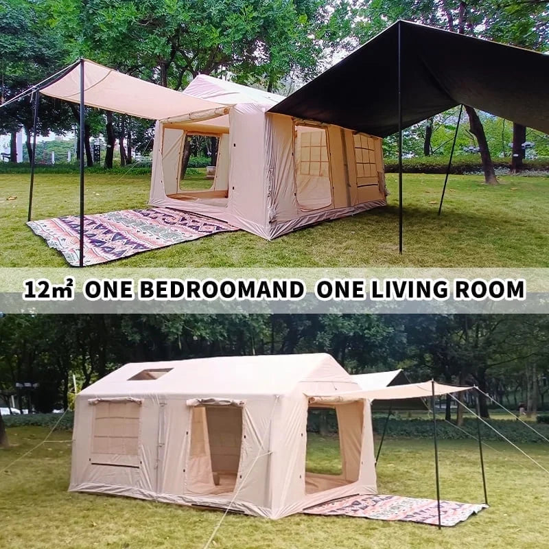 9.8' x 7' Inflatable Camping Tent,4 Season Blow up Tents for Camping, 4-6 Person Inflatable Tent with Stove Jack,Air Tents,Glamping Tent,Waterproof Luxury House with Mesh Window