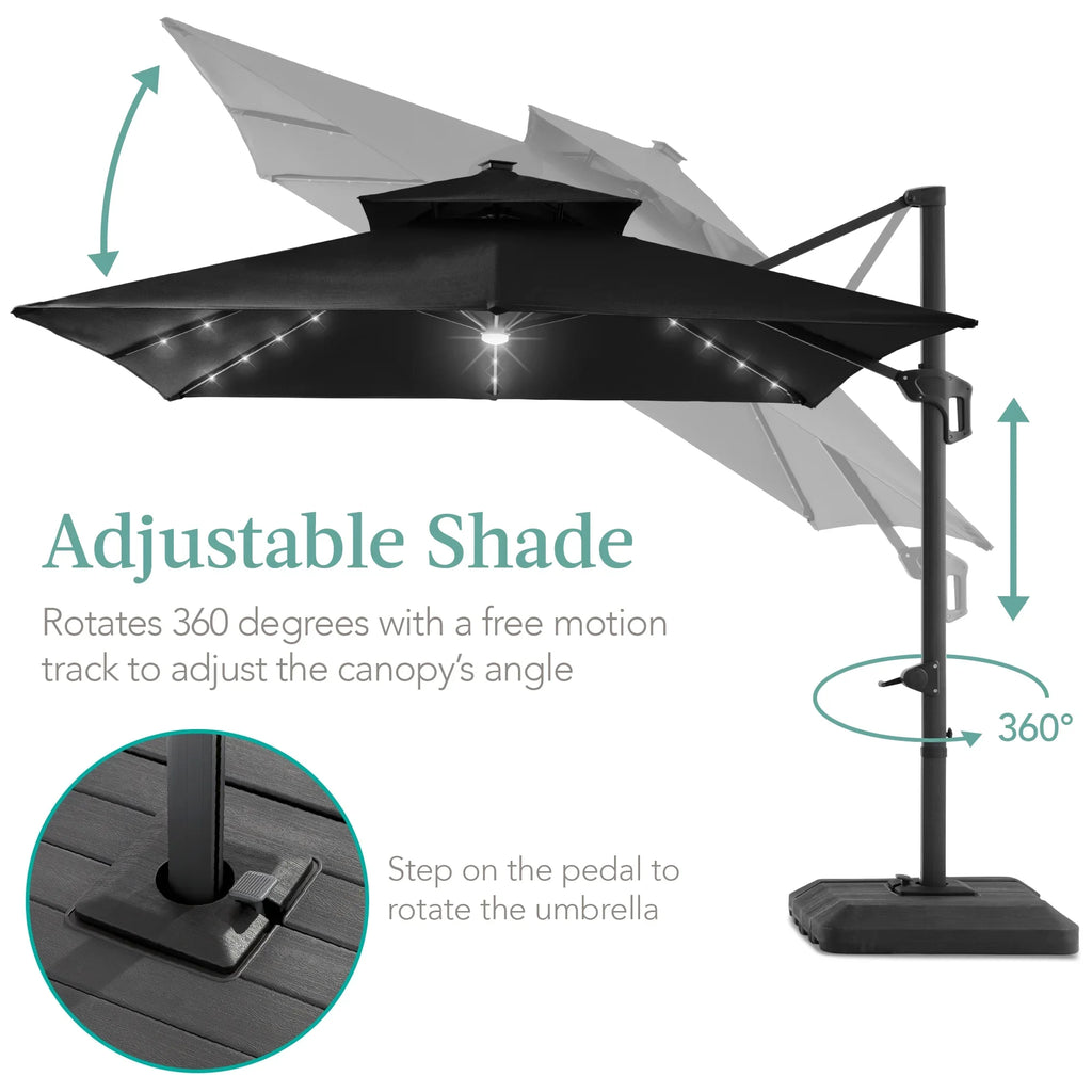Best Choice Products 10x10ft 2-Tier Square Outdoor Solar LED Cantilever Patio Umbrella w/ Base Included - Tan